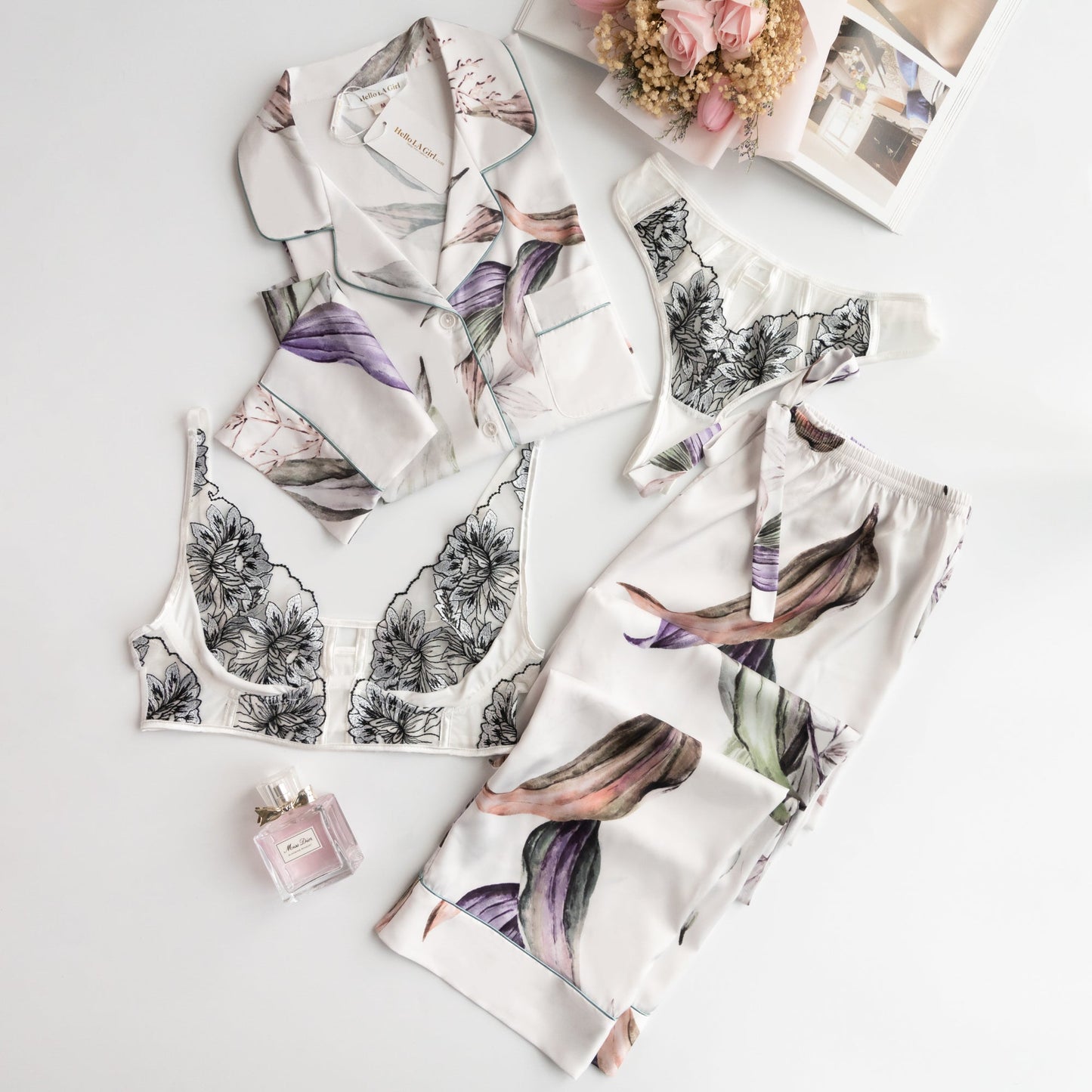 Free Shipping For Purple Flower Print Silky Satin Pajamas Set