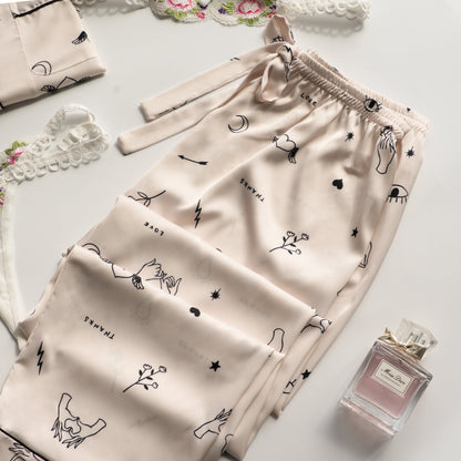 Free Shipping For White Cartoon Print Silky Satin Pajamas Set