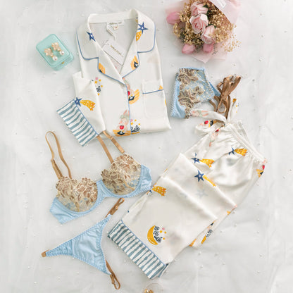 Free Shipping For Blue Stripe Cartoon Print Silky Satin Pajamas Set