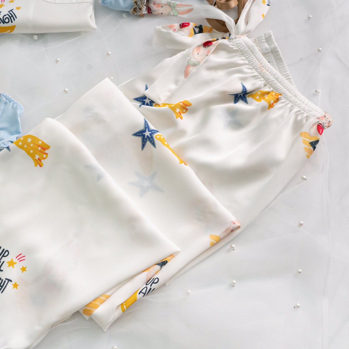 Free Shipping For Blue Stripe Cartoon Print Silky Satin Pajamas Set