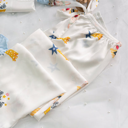 Free Shipping For Blue Stripe Cartoon Print Silky Satin Pajamas Set