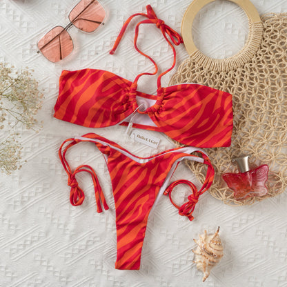 Free Shipping For Red Zebra Print Halter Bikini Set