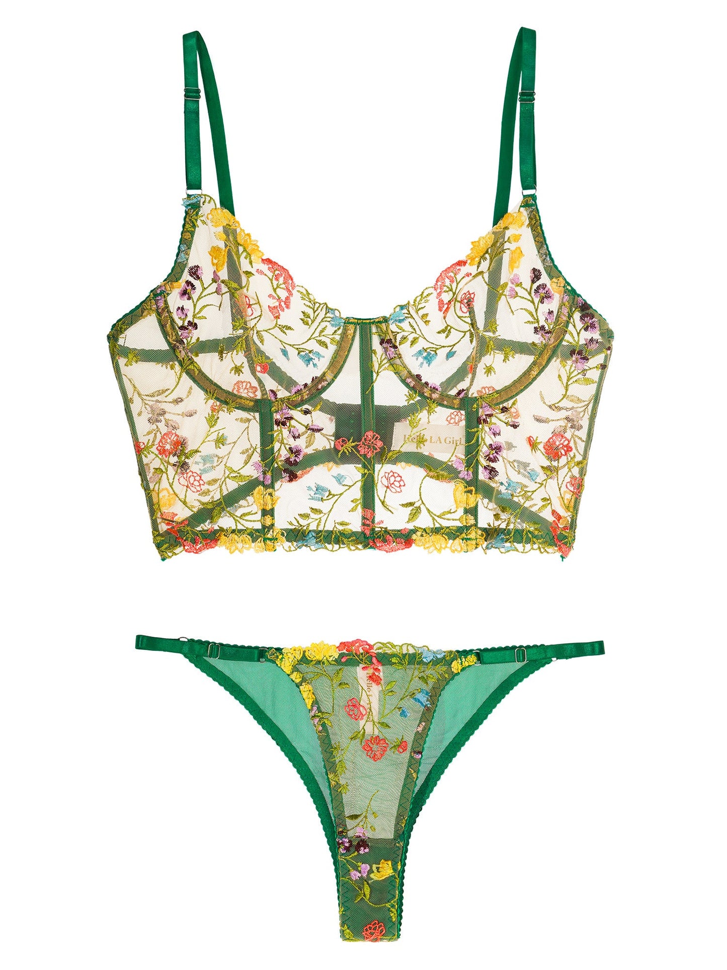 Free Shipping For Green Floral Sexy Sheer Embroidered Lingerie Set