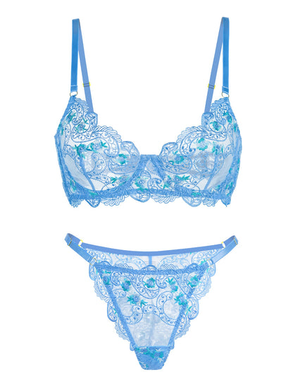 Free Shipping For  Blue Floral Embroidery Lingerie Set