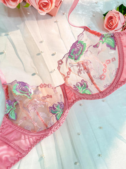 Free Shipping For  Pink Petals Embroidered Lingerie Set