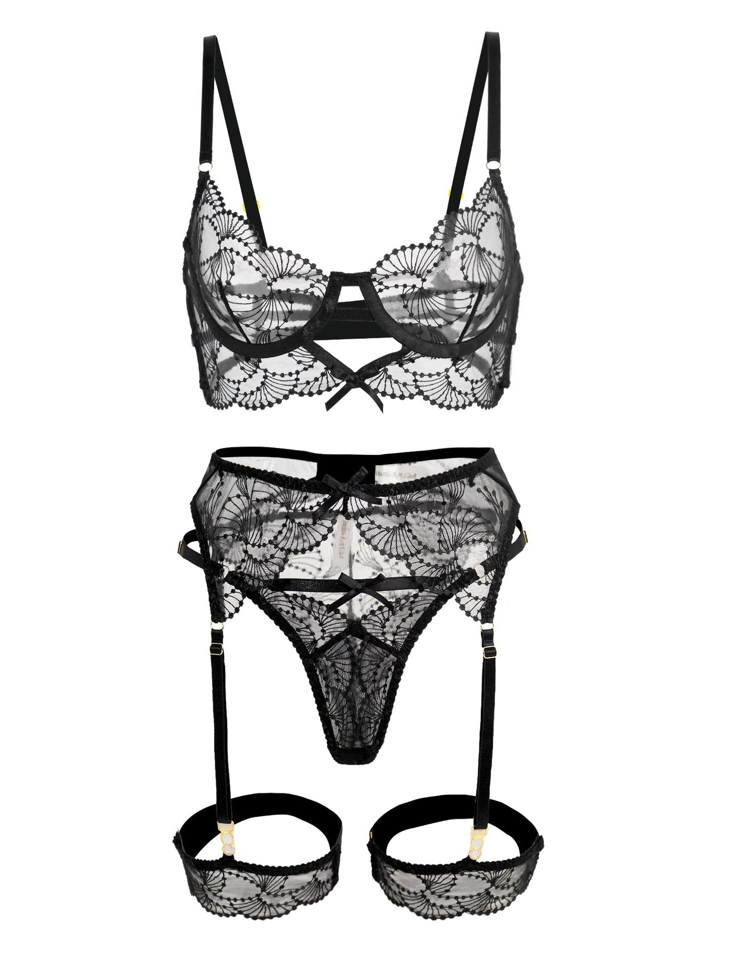 Free Shipping For  Ultra-Thin Sheer Black Embroidery Lingerie Set