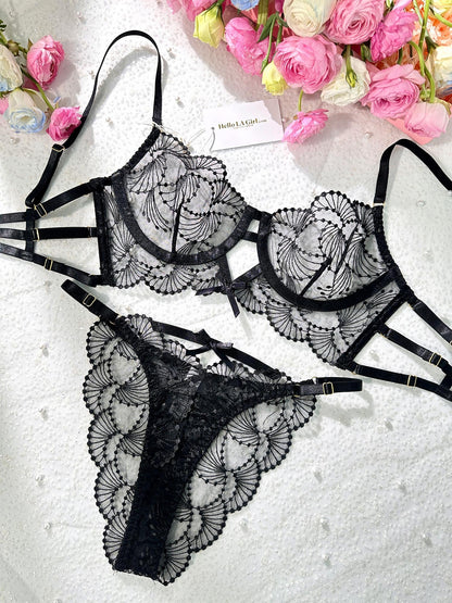 Free Shipping For  Ultra-Thin Sheer Black Embroidery Lingerie Set