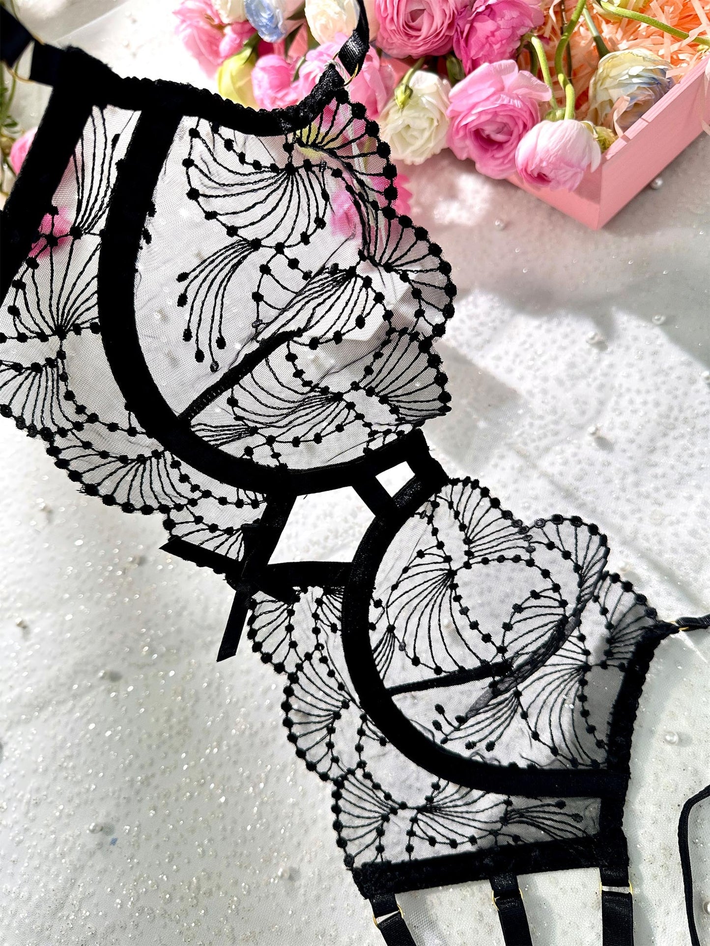 Free Shipping For  Ultra-Thin Sheer Black Embroidery Lingerie Set