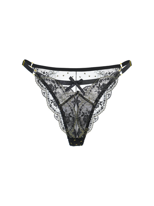 Free Shipping For Black &Gold Embroidery Thong