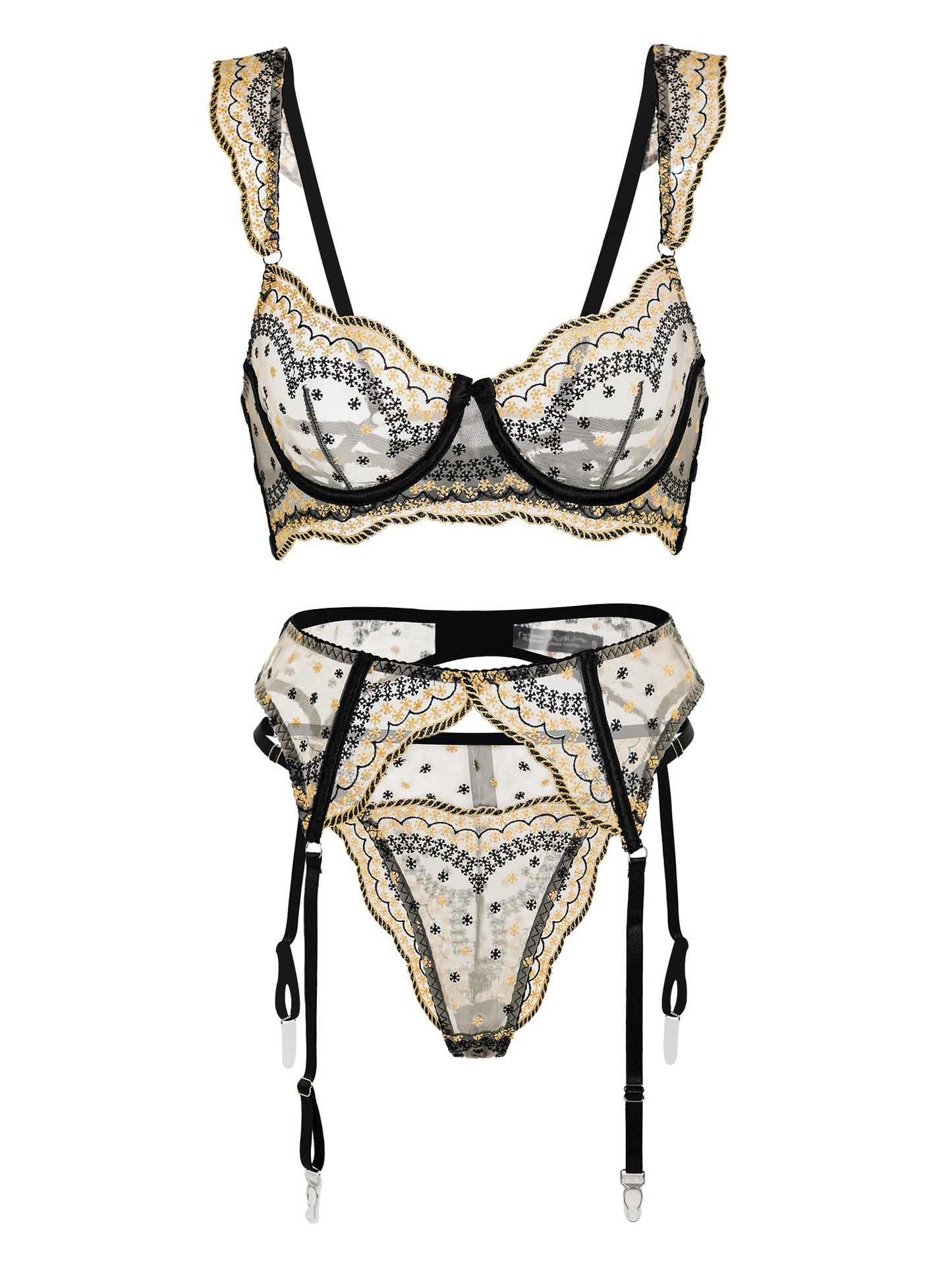 Free Shipping For Black&Gold Luxury Lace Embroidered Lingerie Set