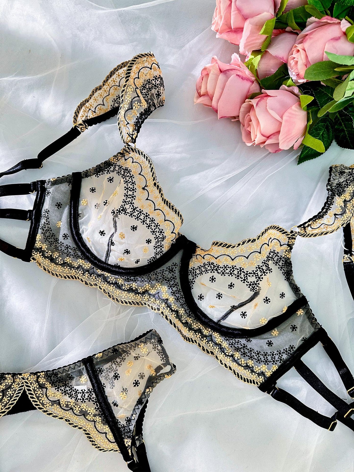 Free Shipping For Black&Gold Luxury Lace Embroidered Lingerie Set