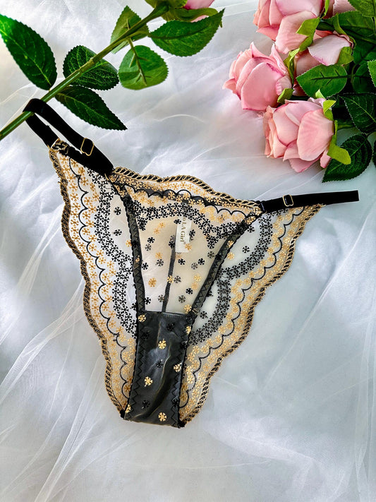 Black&Gold Luxury Lace Embroidered Thong