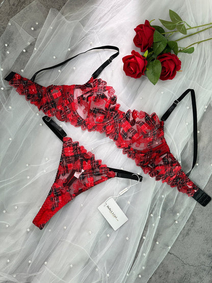 Free Shipping For  Red Tartan Flower Lingerie Set