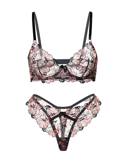 Free Shipping For  Black& Dustyrose Flutter Lace Lingerie Set