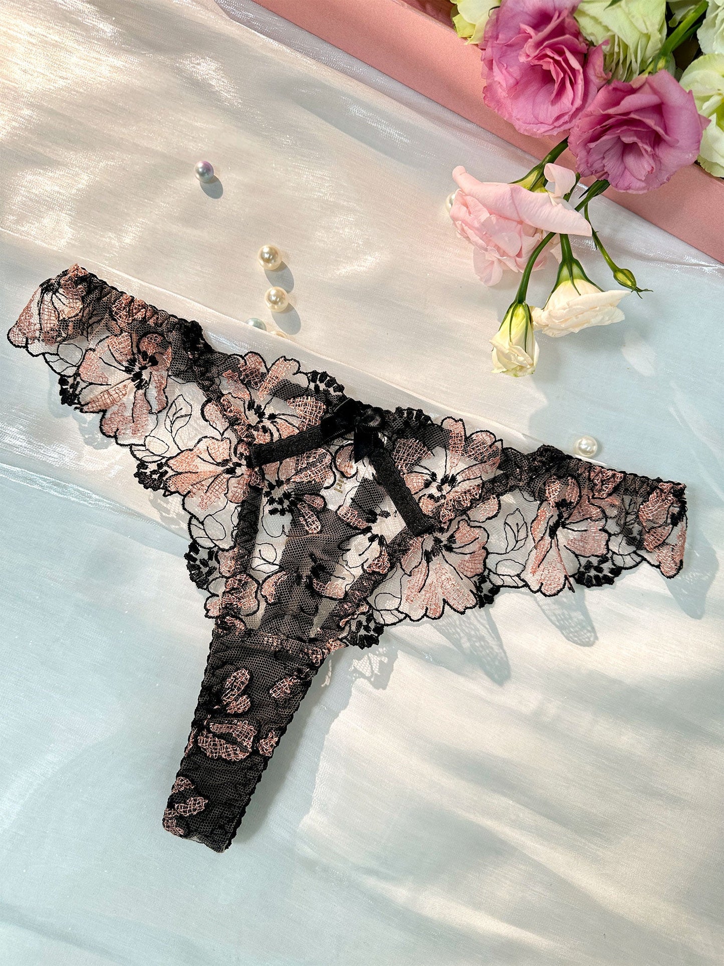 Free Shipping For  Black& Dustyrose Flutter Lace Thong