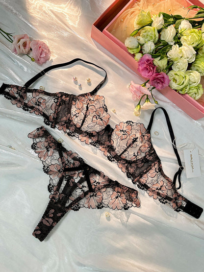 Free Shipping For  Black& Dustyrose Flutter Lace Lingerie Set