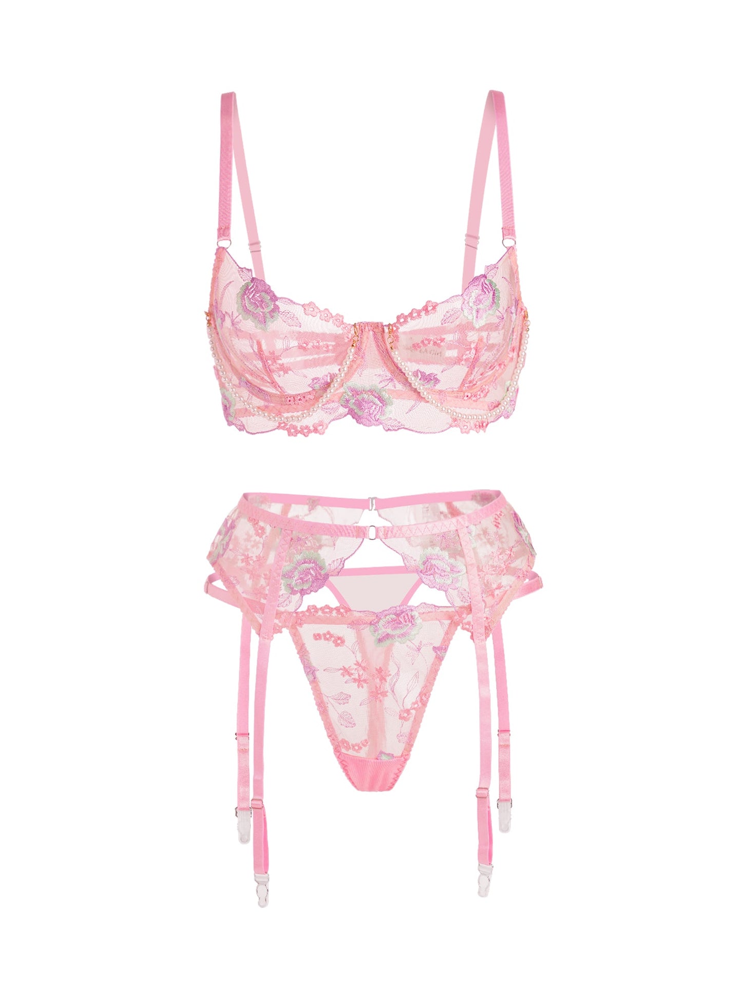 Free Shipping For  Pink Floral Embroidery Pearl Chain Lingerie Set