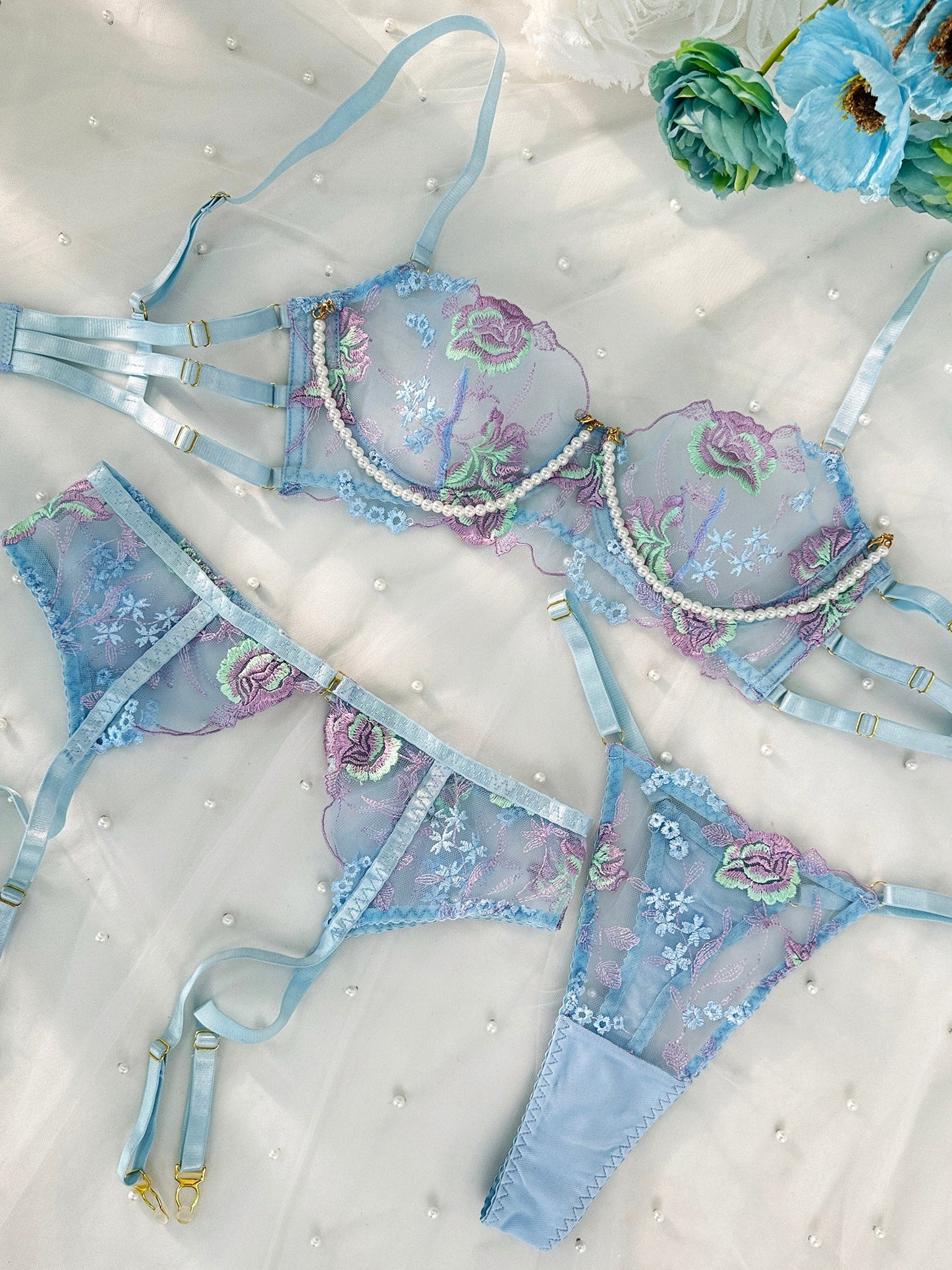 Free Shipping For Blue Floral Embroidery Pearl Chain Lingerie Set