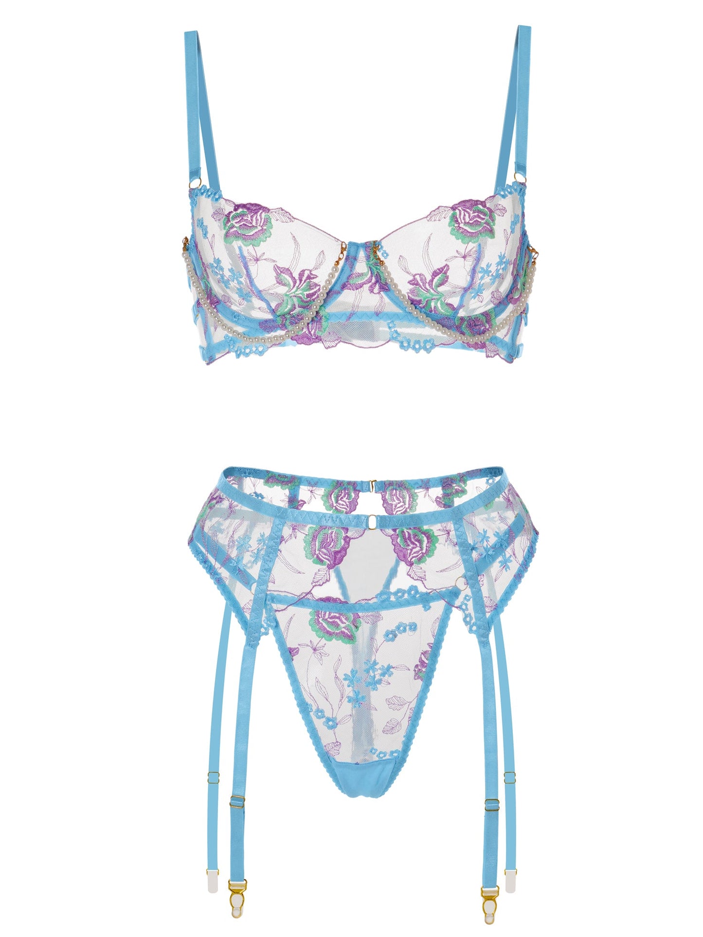 Free Shipping For Blue Floral Embroidery Pearl Chain Lingerie Set