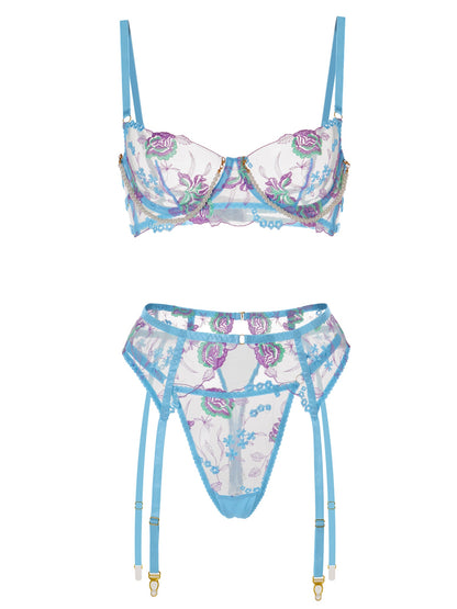 Free Shipping For Blue Floral Embroidery Pearl Chain Lingerie Set