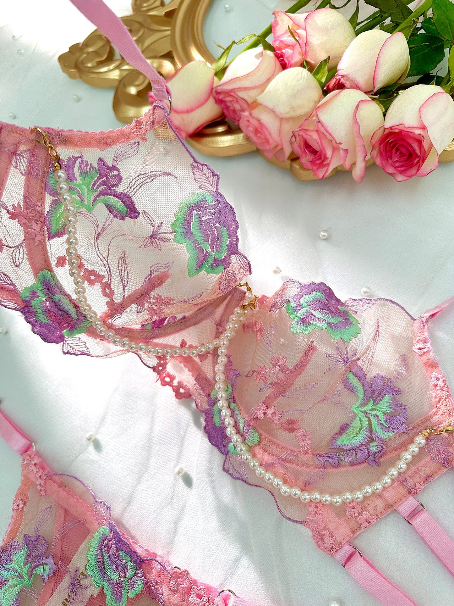 Free Shipping For  Pink Floral Embroidery Pearl Chain Lingerie Set