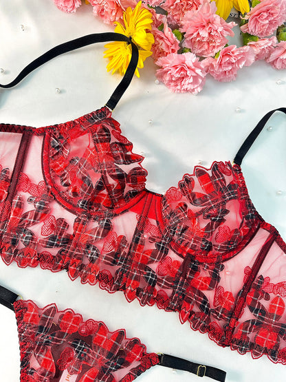 Free Shipping For Red Tartan Flower Lace Lingerie Set