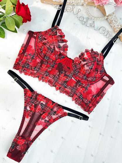 Free Shipping For Red Tartan Flower Lace Lingerie Set