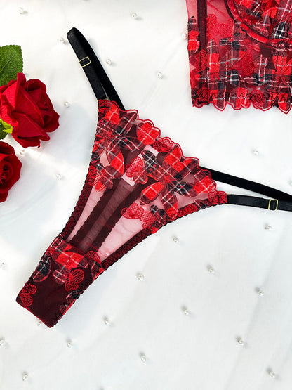 Free Shipping For Red Tartan Flower Lace Lingerie Set