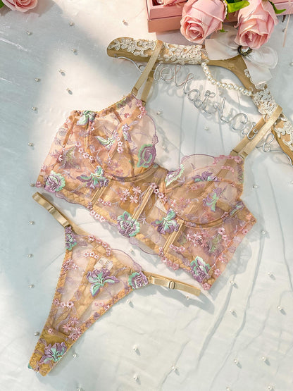 Free Shipping For  Champagne Floral Sexy Sheer Embroidered Lingerie Set