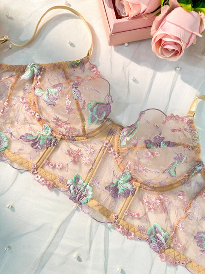 Free Shipping For  Champagne Floral Sexy Sheer Embroidered Lingerie Set