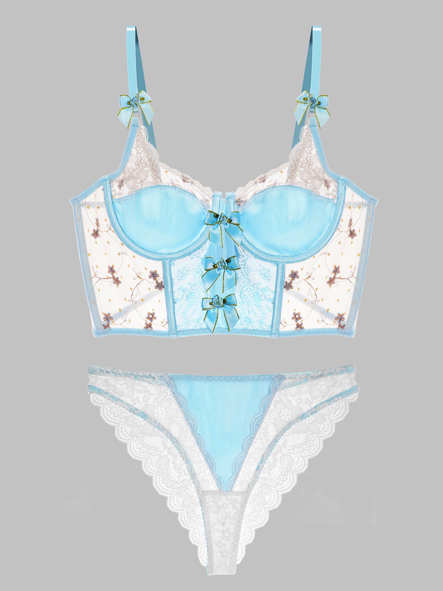 Free Shipping For Playful Blue Satin Rosette Bow Lingerie Set