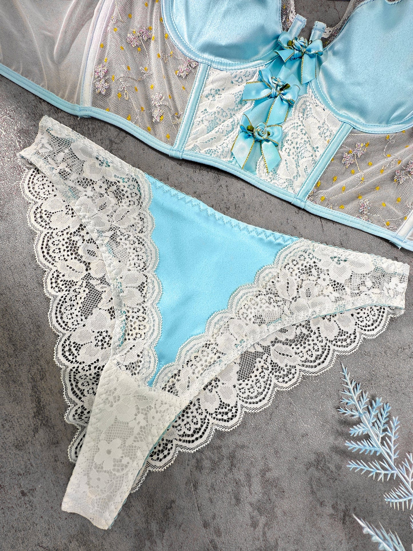 Free Shipping For Playful Blue Satin Rosette Bow Lingerie Set