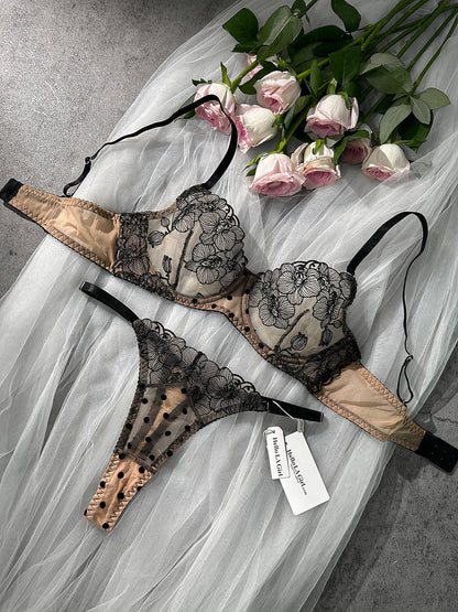 Free Shipping For  Nude Black Spot Soft Lace Lingerie Set