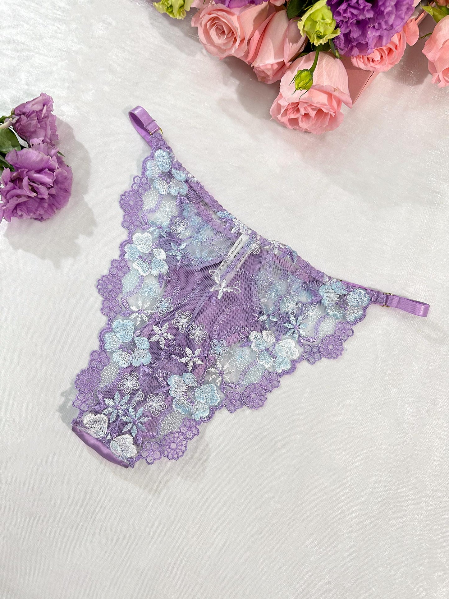 Free Shipping For Lavender Floral Satin Lace Embroidery Thong