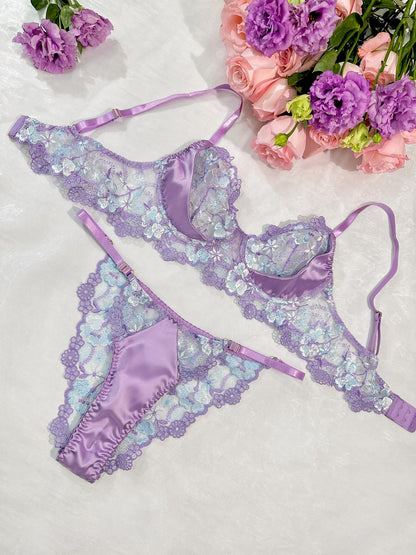 Free Shipping For Lavender Floral Satin Lace Embroidery Thong