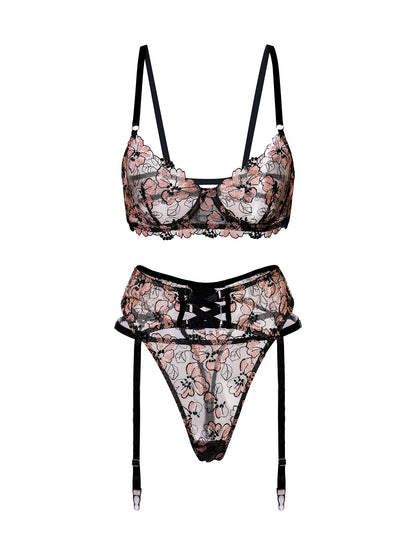 Free Shipping For  Black& Dustyrose Flowers  Lingerie Set