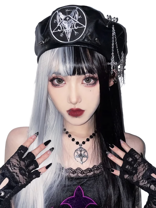 Punk Beret with Metal Chain and Cross Detail