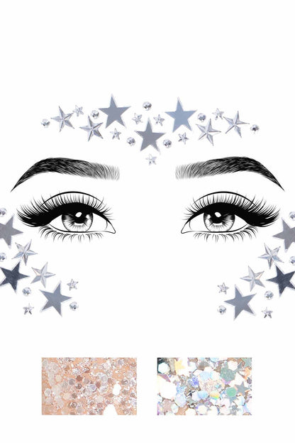 Free Shipping For Dream Adhesive Mirror Star And Rhinestone Face Sticker & 2 Body Glitter Packets