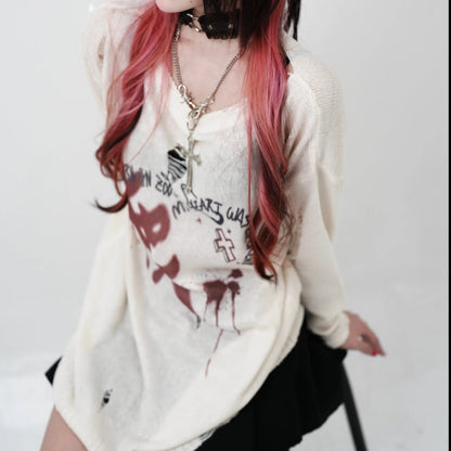 Free Shipping For 'Dreamcore' Oversized Alt Vague Printed Knitted Top