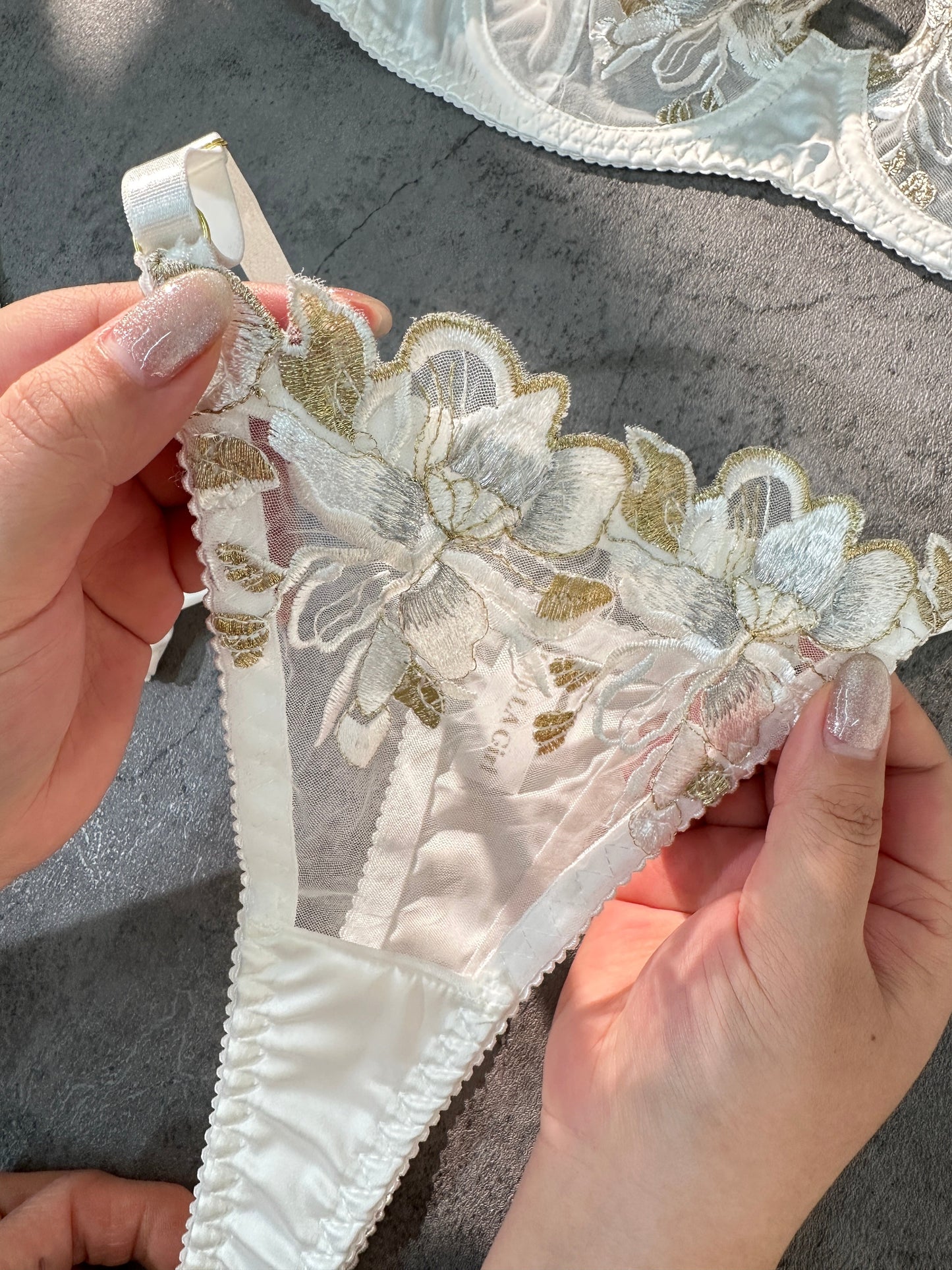 Free Shipping For  White &Gold Thread Embroidered Thong