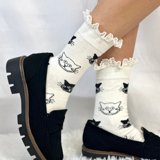 HERE KITTY cat novelty print crew sock womens- ivory