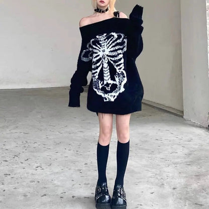 Free Shipping For 'Flower Bone' Dark Pattern Shoulder Off Oversized Sweater