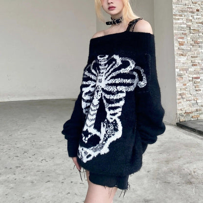 Free Shipping For 'Flower Bone' Dark Pattern Shoulder Off Oversized Sweater