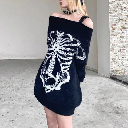 Free Shipping For 'Flower Bone' Dark Pattern Shoulder Off Oversized Sweater