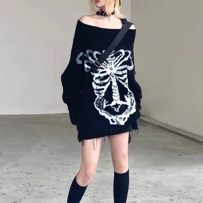 Free Shipping For 'Flower Bone' Dark Pattern Shoulder Off Oversized Sweater