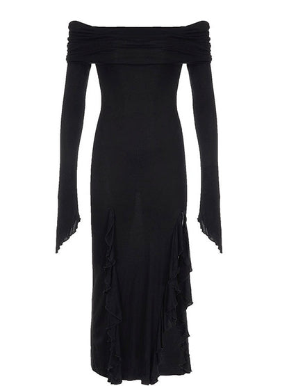 Free Shipping For 'Flower' Dark Black Chiffon Tassel Strap Dress