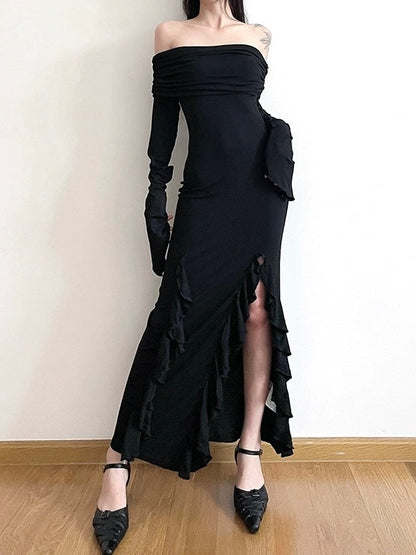 Free Shipping For 'Flower' Dark Black Chiffon Tassel Strap Dress