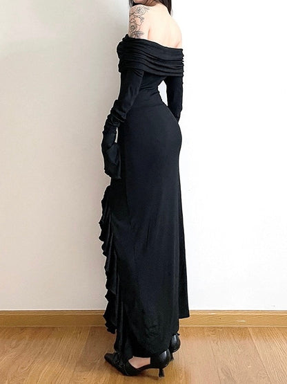 Free Shipping For 'Flower' Dark Black Chiffon Tassel Strap Dress