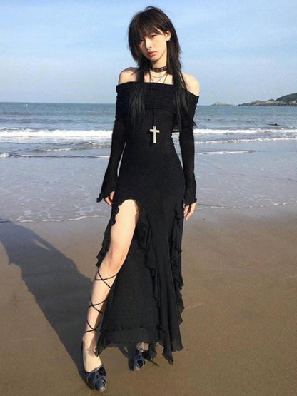 Free Shipping For 'Flower' Dark Black Chiffon Tassel Strap Dress