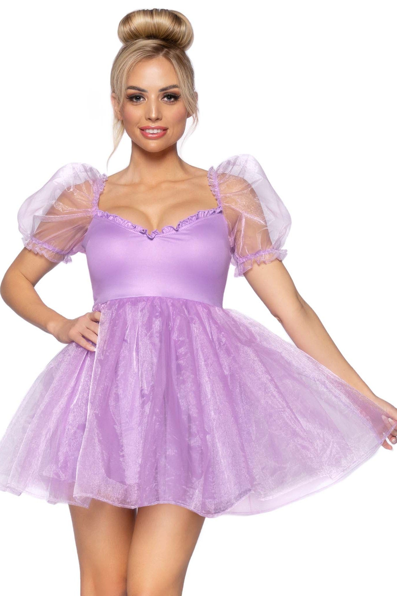 Free Shipping For Frosted Organza Babydoll Dress W/Ruffled Sweetheart Neckline